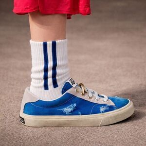 American Trench Navy Blue Vertical Nostalgic Stripe Crew Socks Unisex